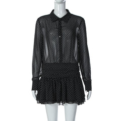 Turnover collar long sleeve button chiffon polka dot mini dress
