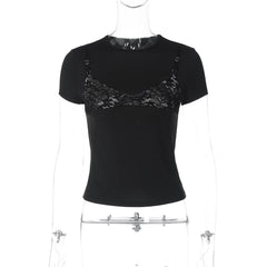 Short sleeve crewneck lace patchwork top