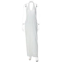 Halter v neck ruched backless mesh maxi dress