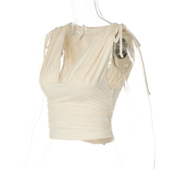 V neck ruched drawstring crop top