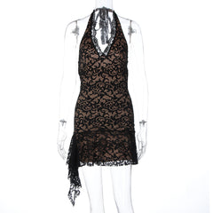 Halter v neck ruffle lace mini dress