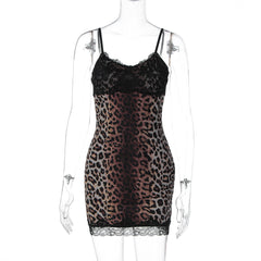 Leopard print v neck lace hem cami mini dress