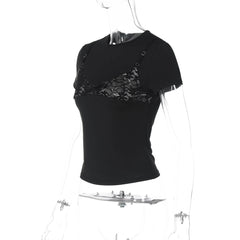 Short sleeve crewneck lace patchwork top