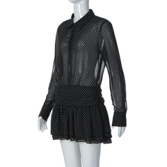 Turnover collar long sleeve button chiffon polka dot mini dress