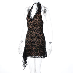 Halter v neck ruffle lace mini dress