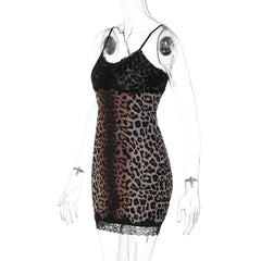 Leopard print v neck lace hem cami mini dress