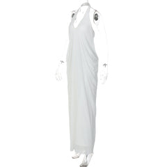 Halter v neck ruched backless mesh maxi dress