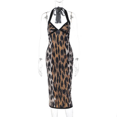 Leopard print halter v neck backless slit maxi dress