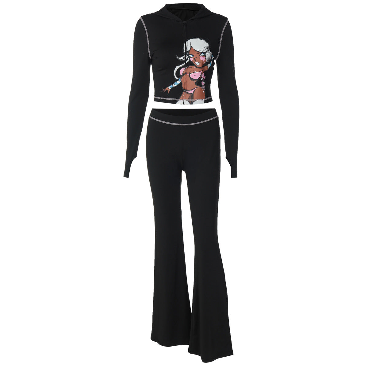 Long sleeve hoodie pattern zip-up pant set