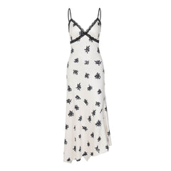 V neck lace hem print cami maxi dress