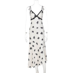 V neck lace hem print cami maxi dress
