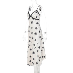 V neck lace hem print cami maxi dress