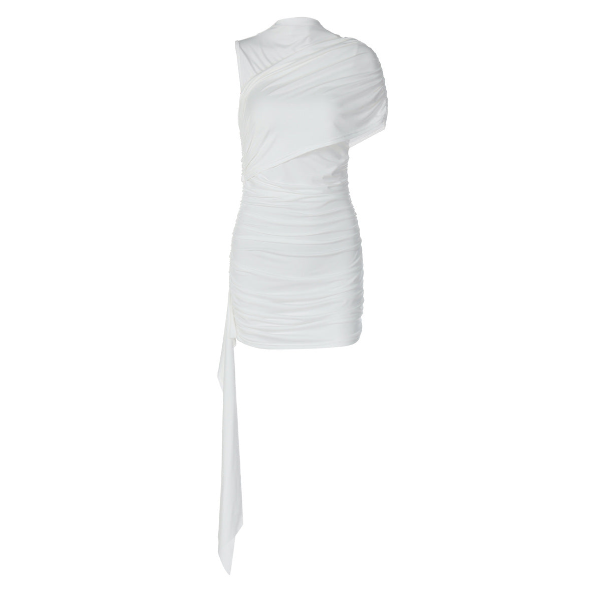 Ruched one shoulder solid high neck mini dress