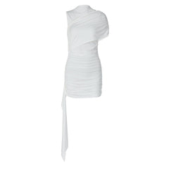 Ruched one shoulder solid high neck mini dress