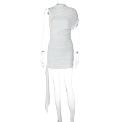 Ruched one shoulder solid high neck mini dress