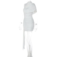 Ruched one shoulder solid high neck mini dress