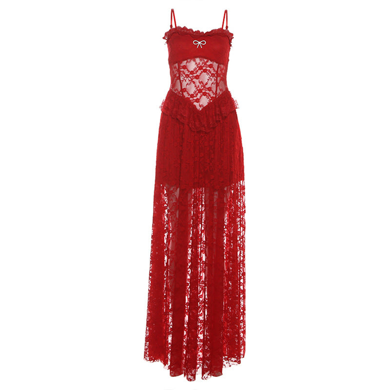Lace hem bowknot solid cami maxi dress