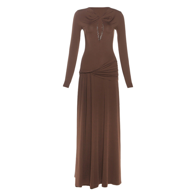 Hollow out lace hem long sleeve ruched cut out maxi dress