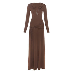 Hollow out lace hem long sleeve ruched cut out maxi dress
