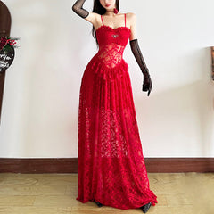 Lace hem bowknot solid cami maxi dress