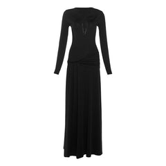 Hollow out lace hem long sleeve ruched cut out maxi dress