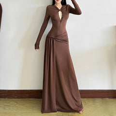 Hollow out lace hem long sleeve ruched cut out maxi dress