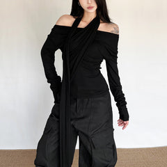 Off shoulder solid long sleeve top