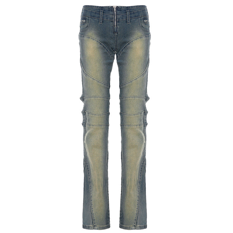 Zip-up pocket low rise straight leg pant