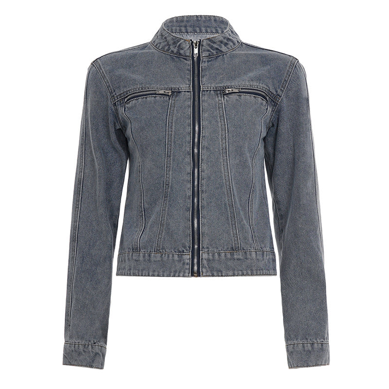 Crewneck zip-up long sleeve denim top