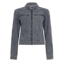 Crewneck zip-up long sleeve denim top