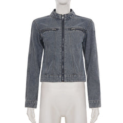 Crewneck zip-up long sleeve denim top