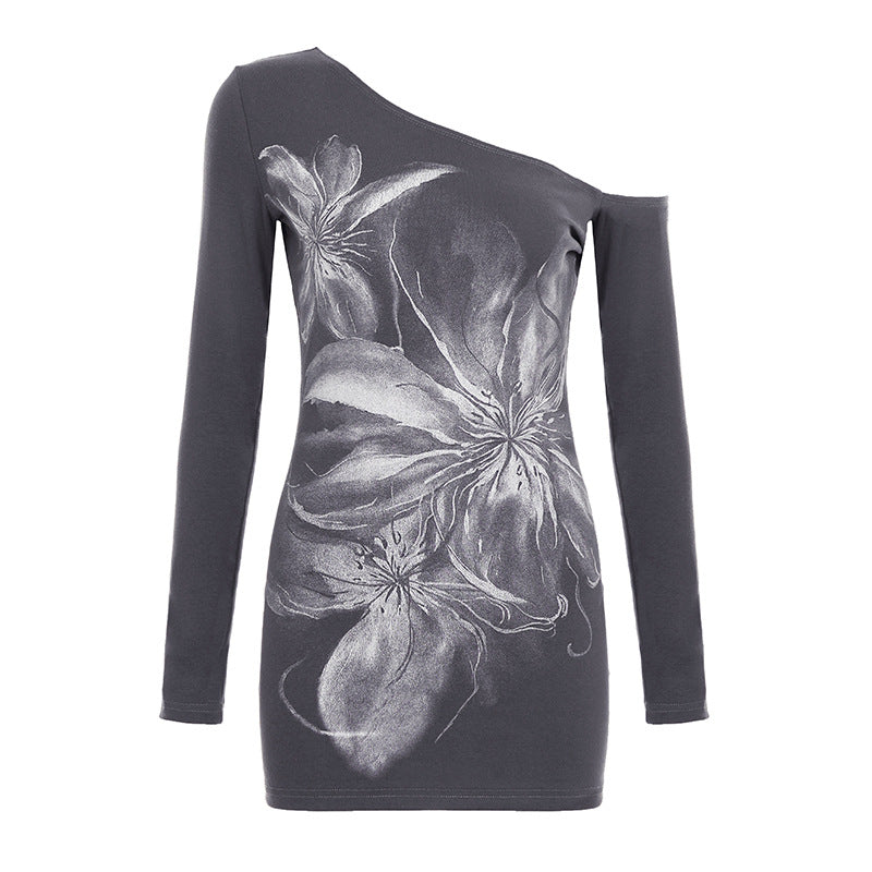 One shoulder long irregular sleeve flower print top