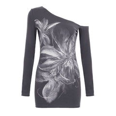 One shoulder long irregular sleeve flower print top
