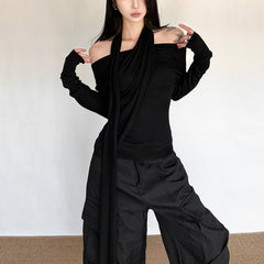 Off shoulder solid long sleeve top