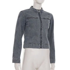 Crewneck zip-up long sleeve denim top