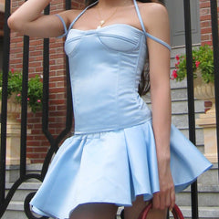 Halter ruched backless solid mini dress