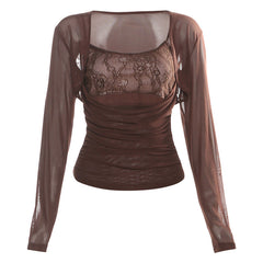 Long sleeve hollow out ruched u neck 2 piece cut out top