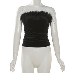 Ruched fluffy zip-up backless tube top