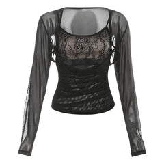 Long sleeve hollow out ruched u neck 2 piece cut out top