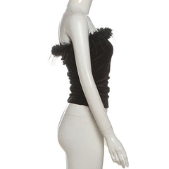 Ruched fluffy zip-up backless tube top