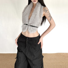 Halter self tie fluffy deep v neck top
