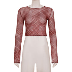 Long sleeve plaid crewneck sheer mesh top