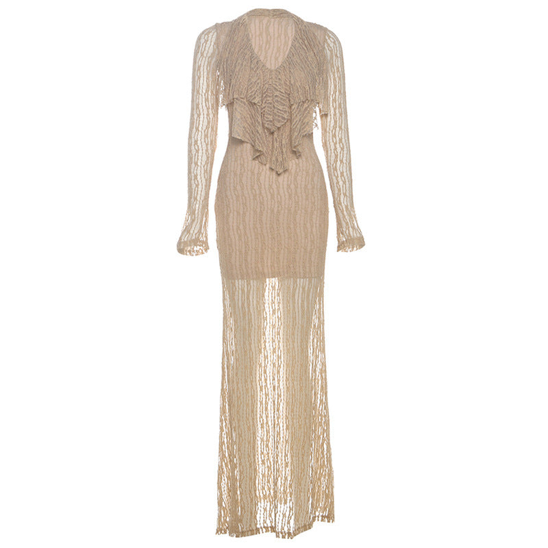 Long sleeve v neck lace solid maxi dress