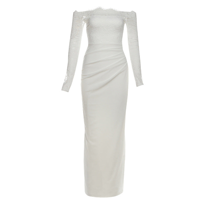 Lace long sleeve off shoulder pleated maxi dress