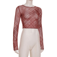 Long sleeve plaid crewneck sheer mesh top