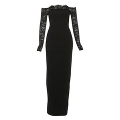 Lace long sleeve off shoulder pleated maxi dress