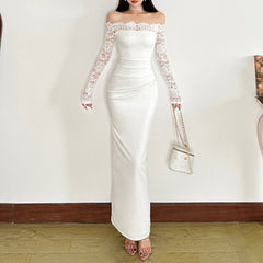 Lace long sleeve off shoulder pleated maxi dress