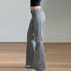 Plaid button low rise wide leg pant