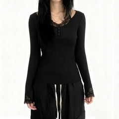 Long sleeve lace hem v neck solid top