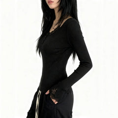 Long sleeve lace hem v neck solid top